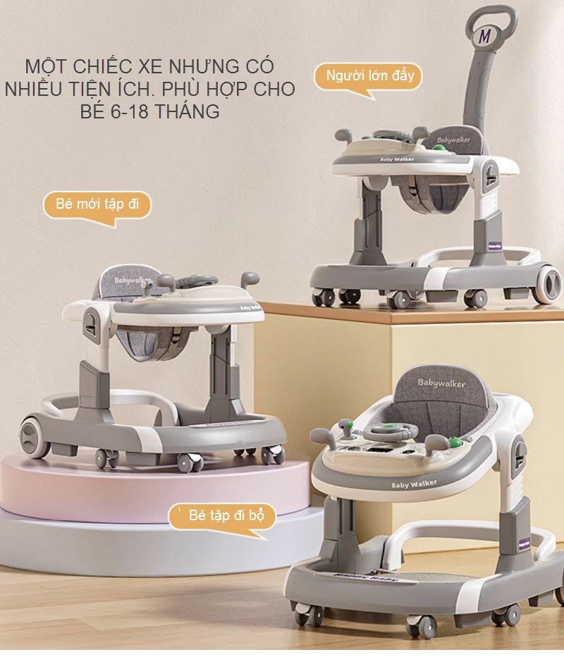 Xe tập đi chữ U cao cấp 611 có cần đẩy cho bé 6-18 tháng